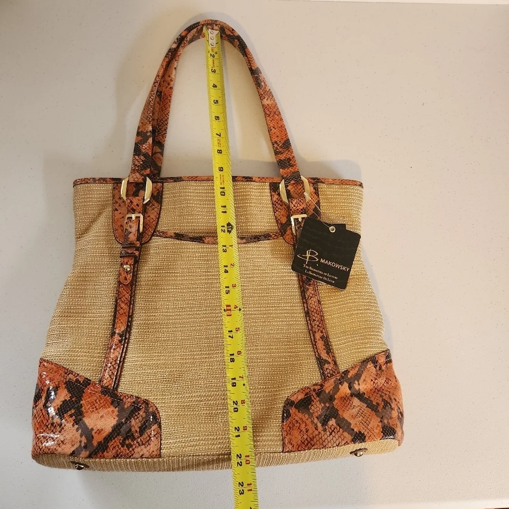 B Makowsky Leather Snake Large Shoulder Mansfield Tote Handbag Woven Purse New - Picture 7 of 10